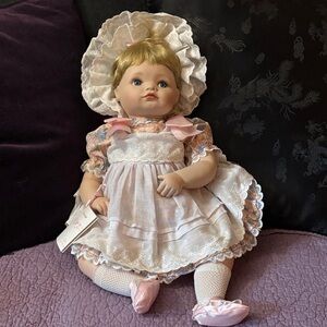 Jessica by Heritage Charming Baby Doll with Pink Dress and Bonnet
